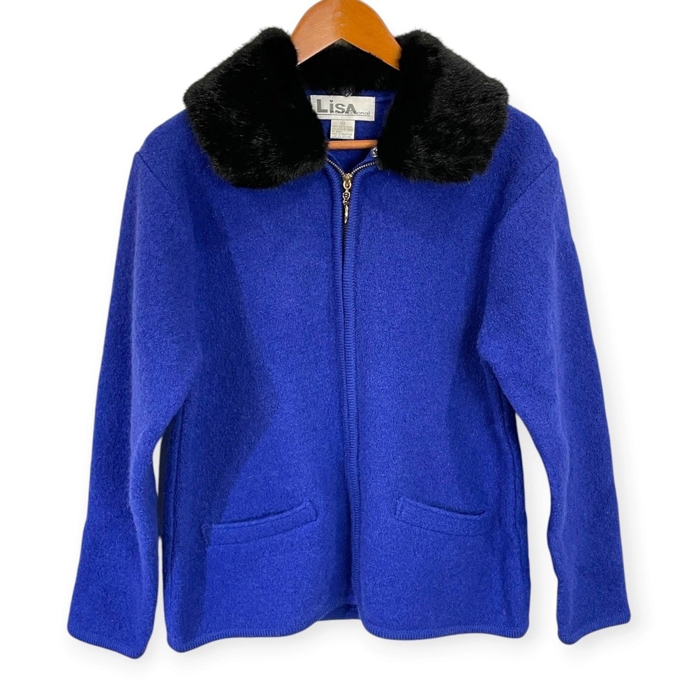 Lisa International Faux Fur Collar Boiled Wool Zip Cardigan Womens M 90s Office